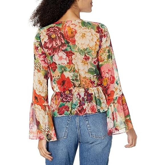 NWT Guess Long Sleeve Demi Blouse Peony Animal Print Women's Size XS Boho Flower - Picture 3 of 10
